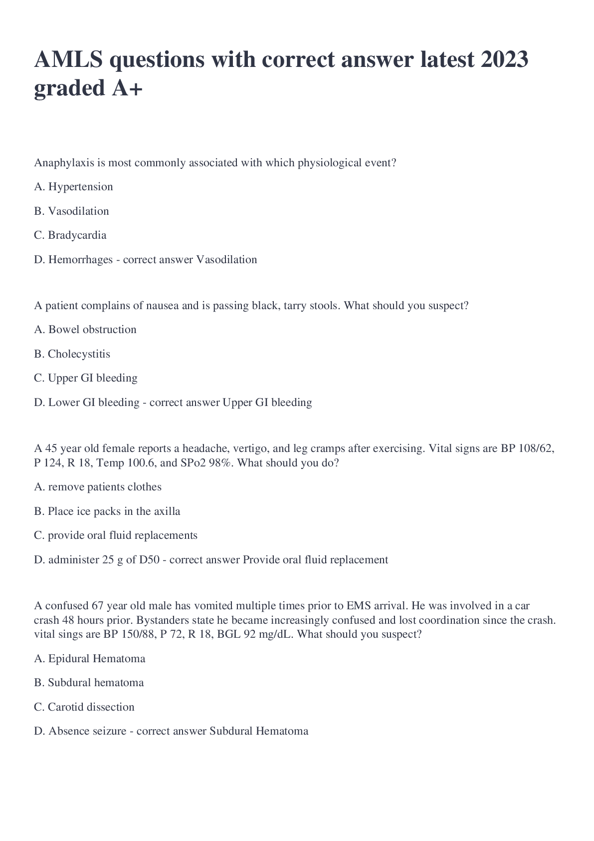 Preview image for AMLS questions with correct answer latest 2023 graded A+